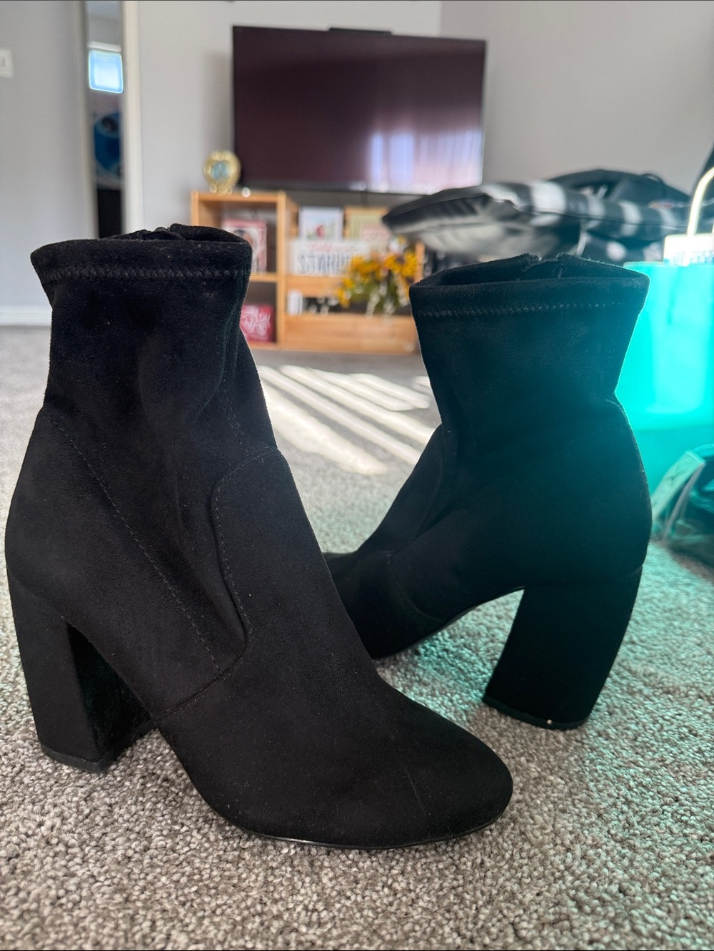 Steve Madden Black Suede Block Heel Ankle Boots - Women